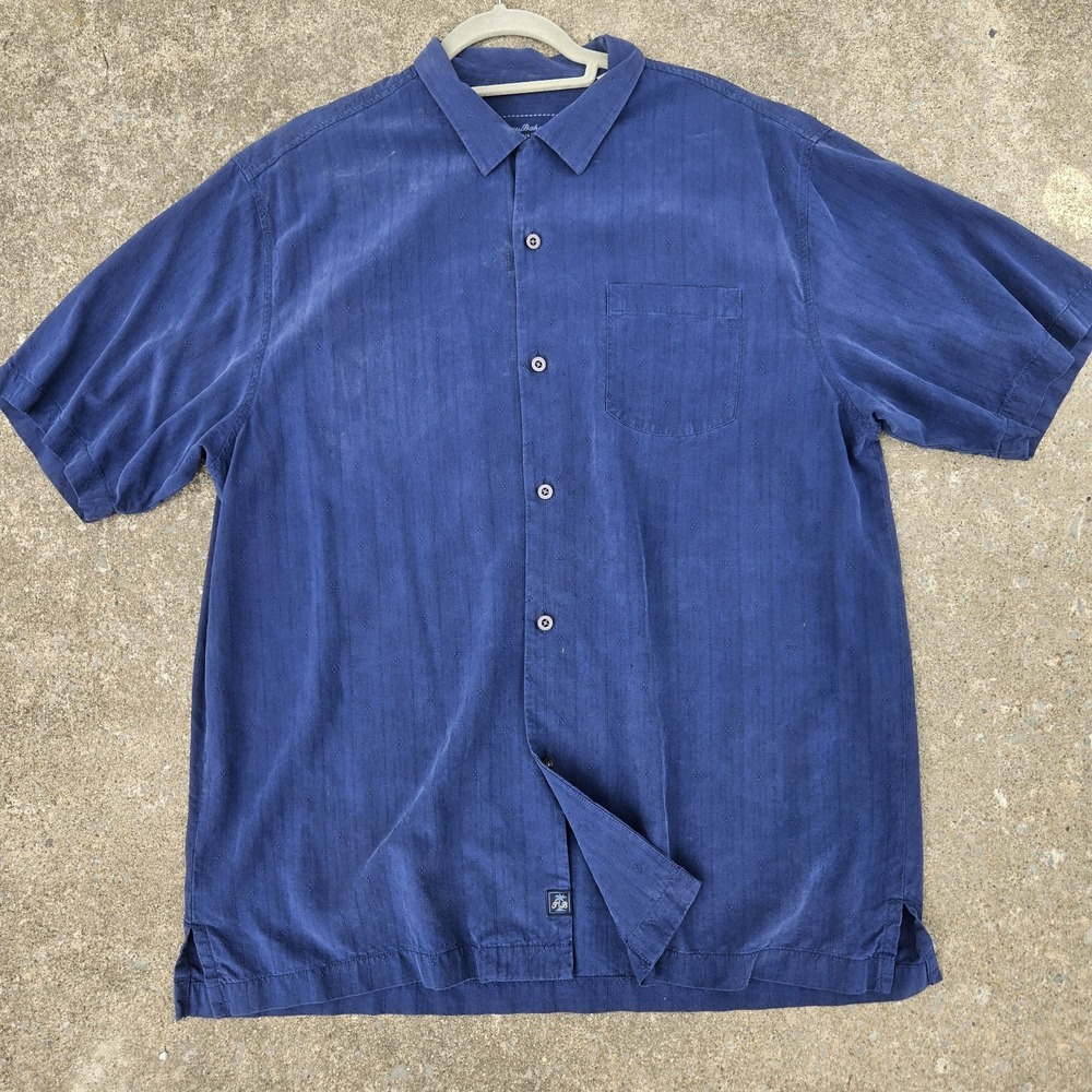 Silk Tommy Bahama Shirt L Blue Short Sleeve Button Beach Tropical Textured Mens